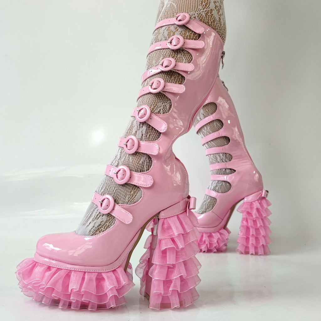 Tulle ruffle Knee high Platform Boots - VIII - 🩷