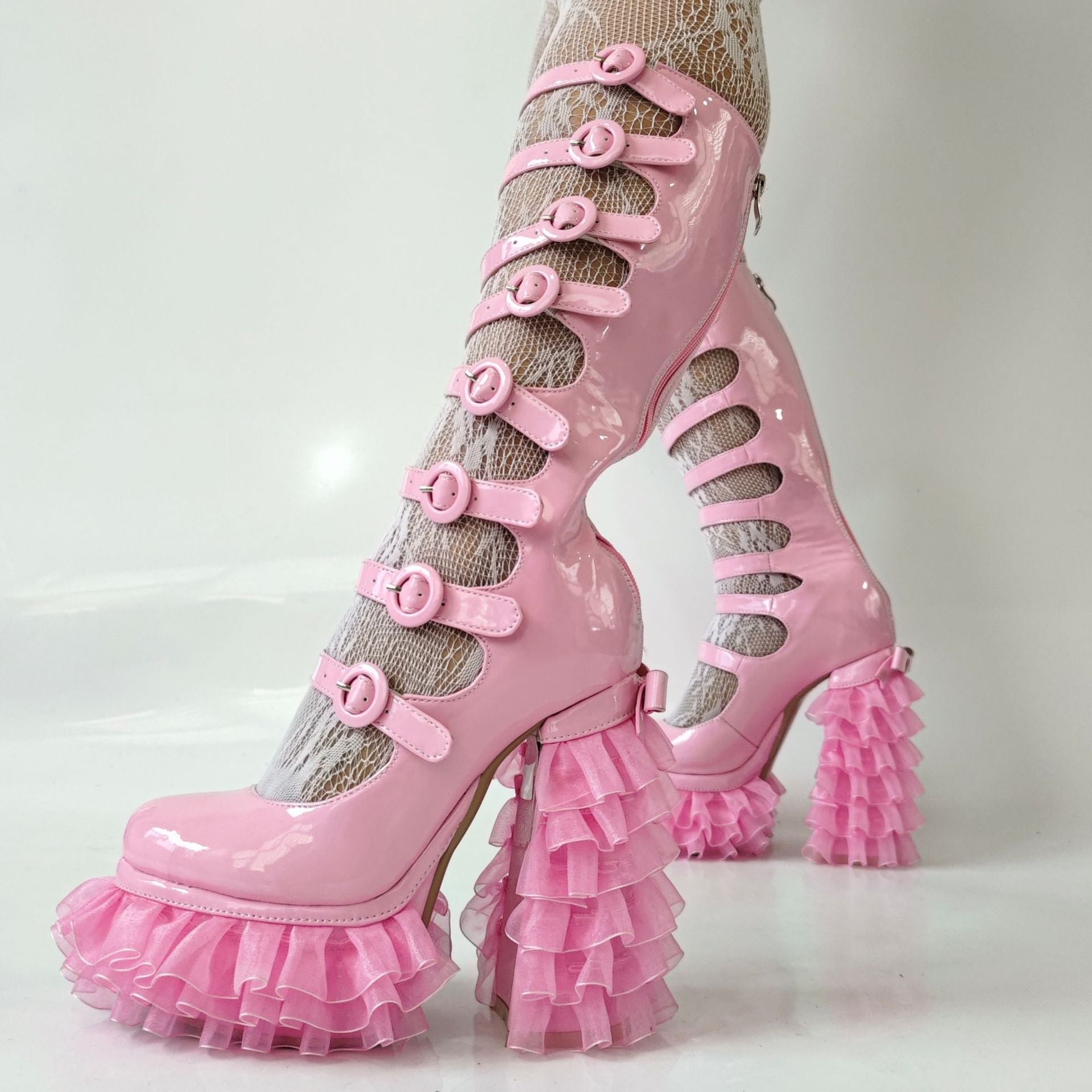 Tulle ruffle Knee high Platform Boots - VIII - 🩷