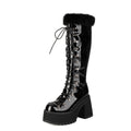 Platform Chunky heels Knee-high Boots - Lace-up & Fur - I - 🖤
