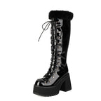 Platform Chunky heels Knee-high Boots - Lace-up & Fur - I - 🖤