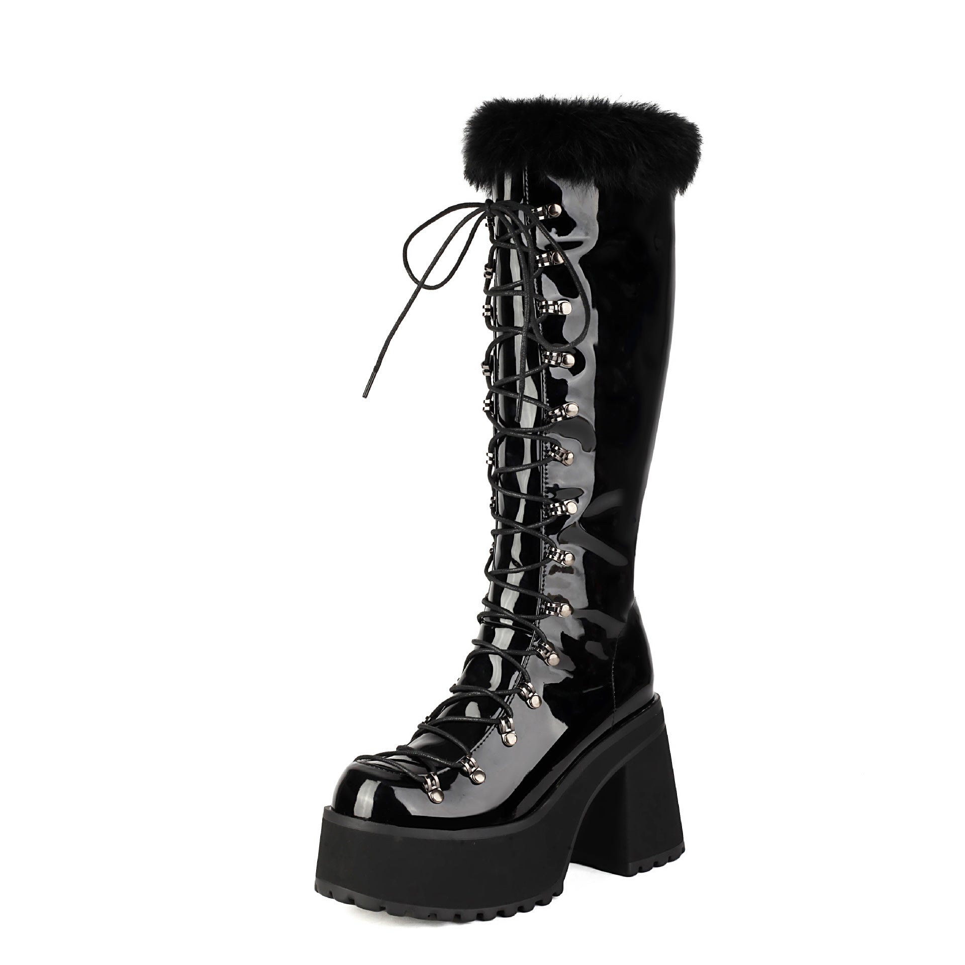 Platform Chunky heels Knee-high Boots - Lace-up & Fur - I - 🖤