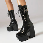 High heels XL Platform Mid-calf Boots - Lace-up & Metal hardware - III - 🖤