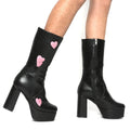 Mid-calf High-heels Platform Boots - Hearts - Black - 🖤