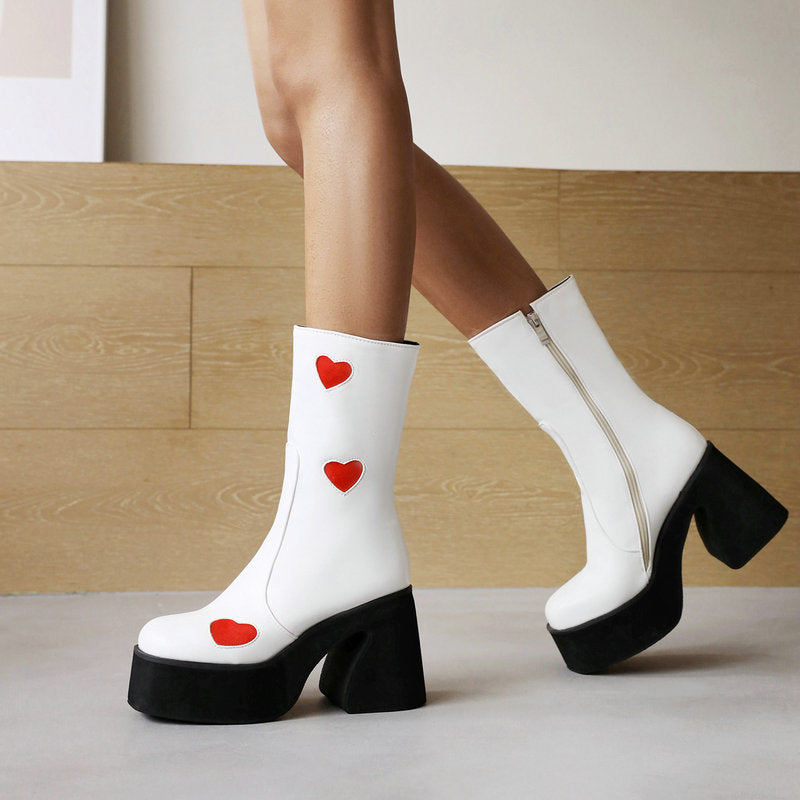 Low heels Platform Mid-calf Boots - Hearts - 🩷
