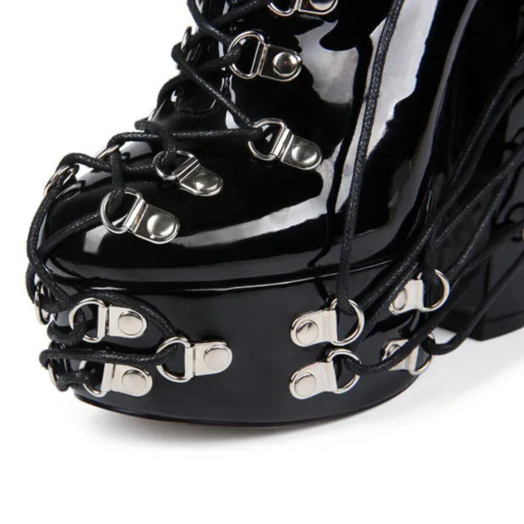 High-heels Platform Ankle Boots - Hardware & Laces - Black - II - 🖤