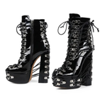 High-heels Platform Ankle Boots - Hardware & Laces - Black - II - 🖤