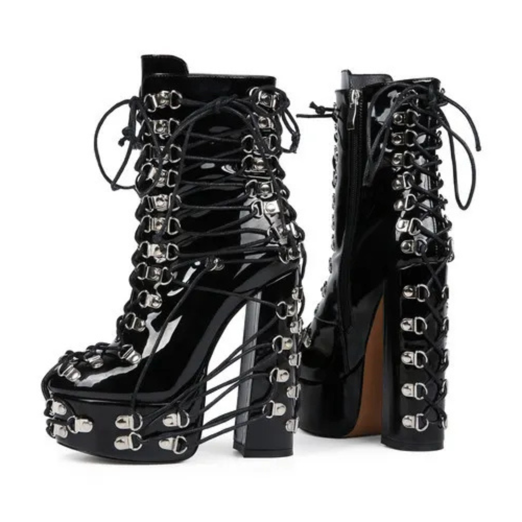 High-heels Platform Ankle Boots - Hardware & Laces - Black - II - 🖤