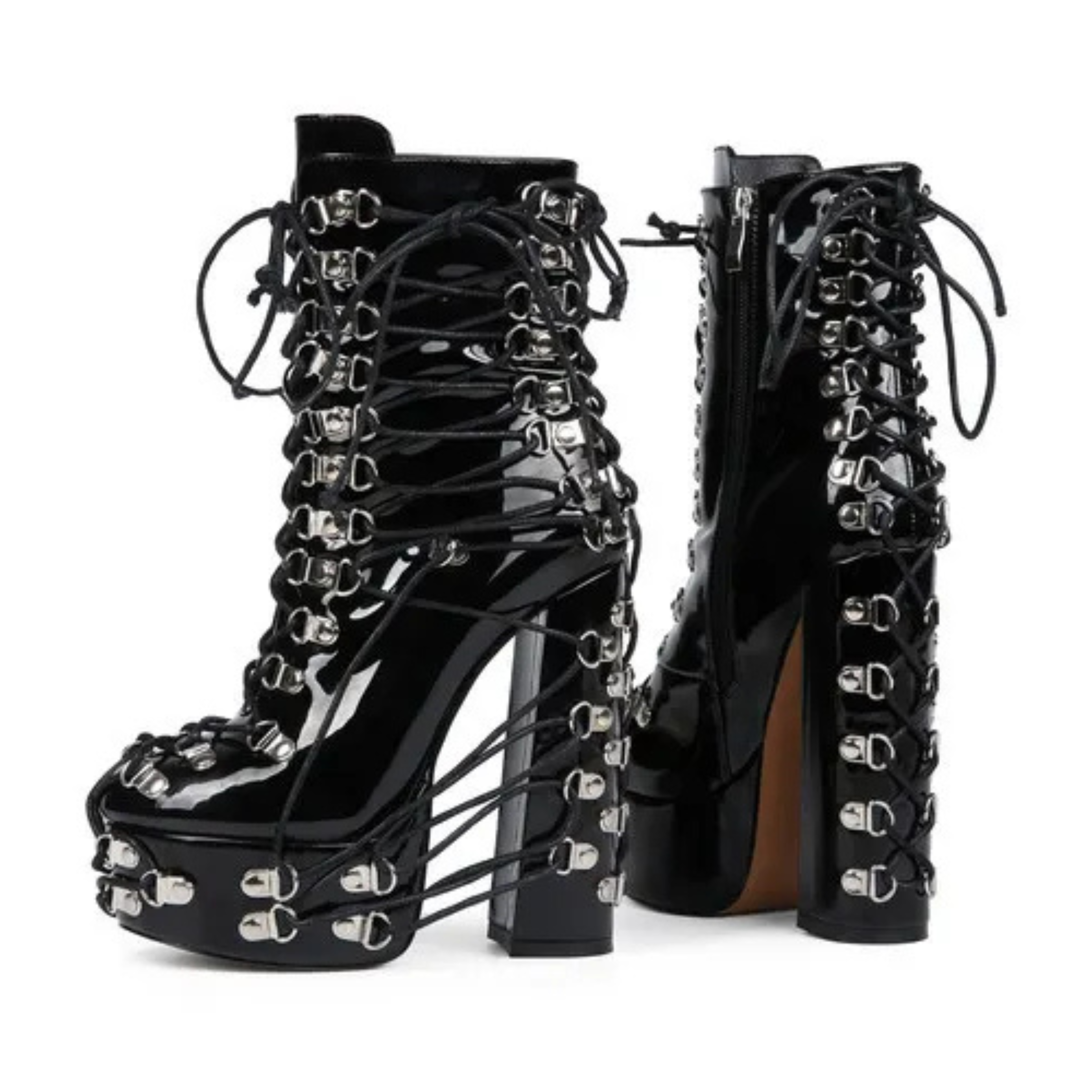 High-heels Platform Ankle Boots - Hardware & Laces - Black - II - 🖤