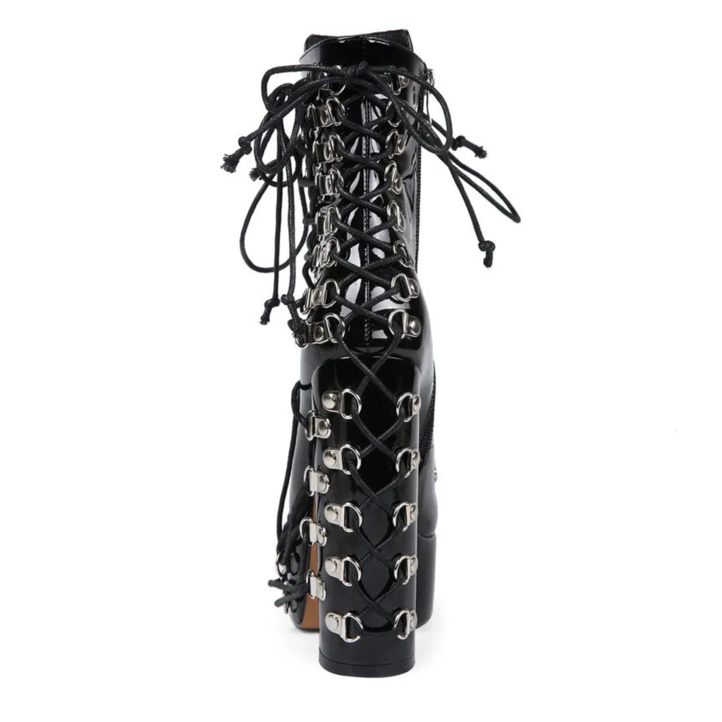 High-heels Platform Ankle Boots - Hardware & Laces - Black - II - 🖤