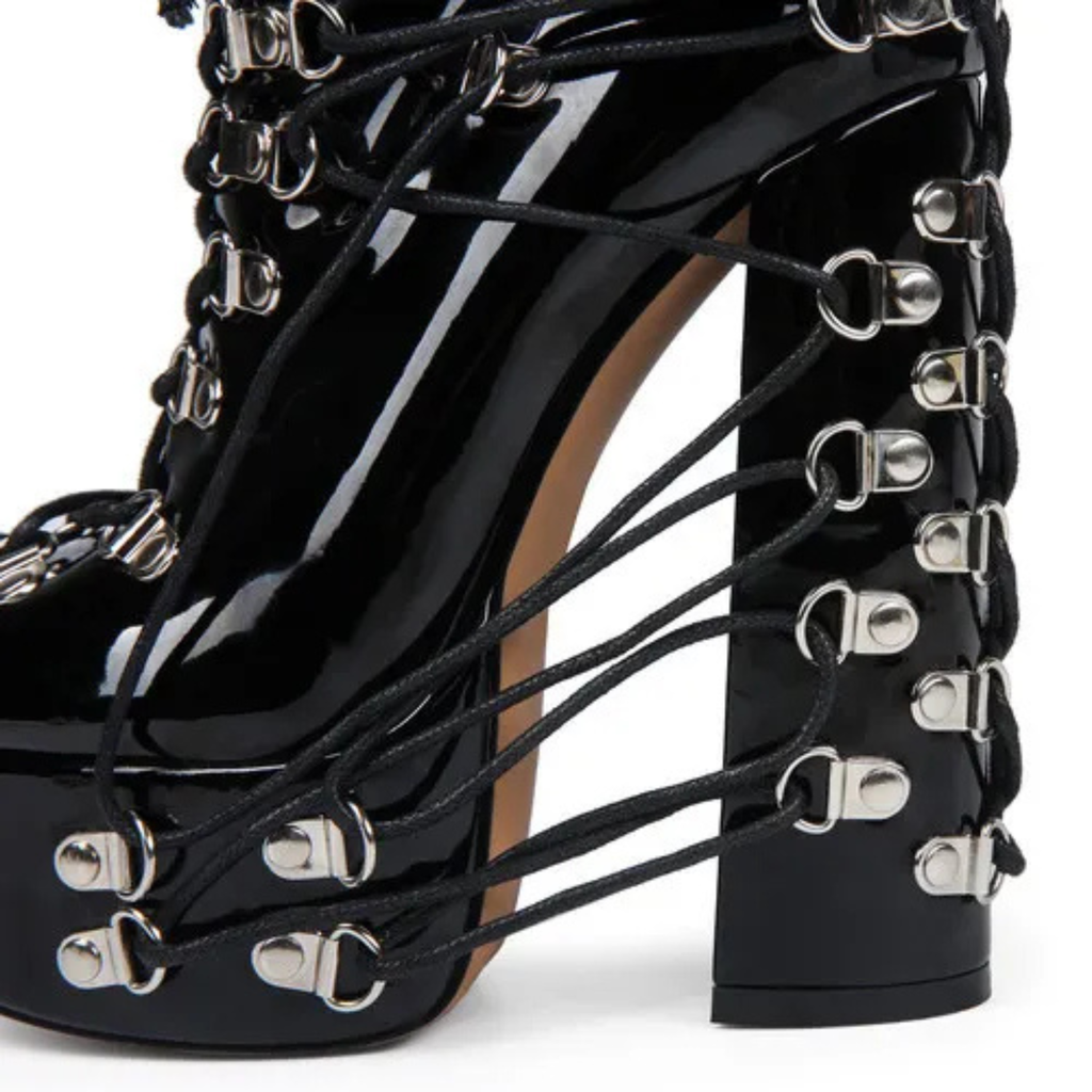 High-heels Platform Ankle Boots - Hardware & Laces - Black - II - 🖤