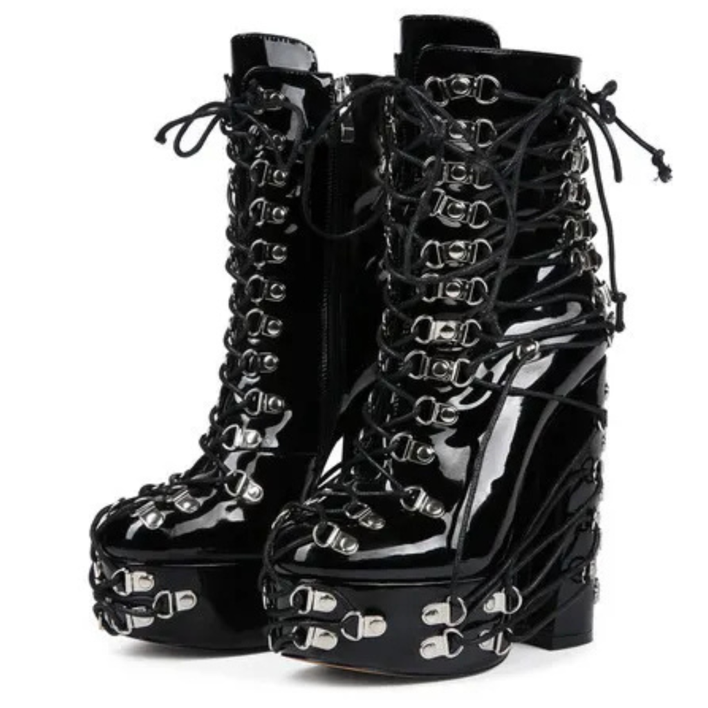High-heels Platform Ankle Boots - Hardware & Laces - Black - II - 🖤