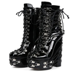 High-heels Platform Ankle Boots - Hardware & Laces - Black - II - 🖤