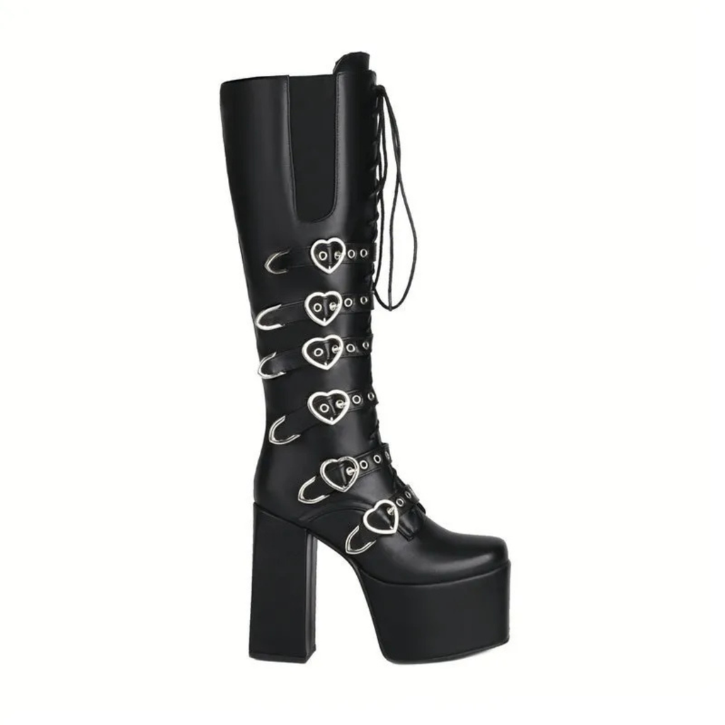 High Heels XL Platform Knee-high Boots - Metal Hearts - I - 🖤
