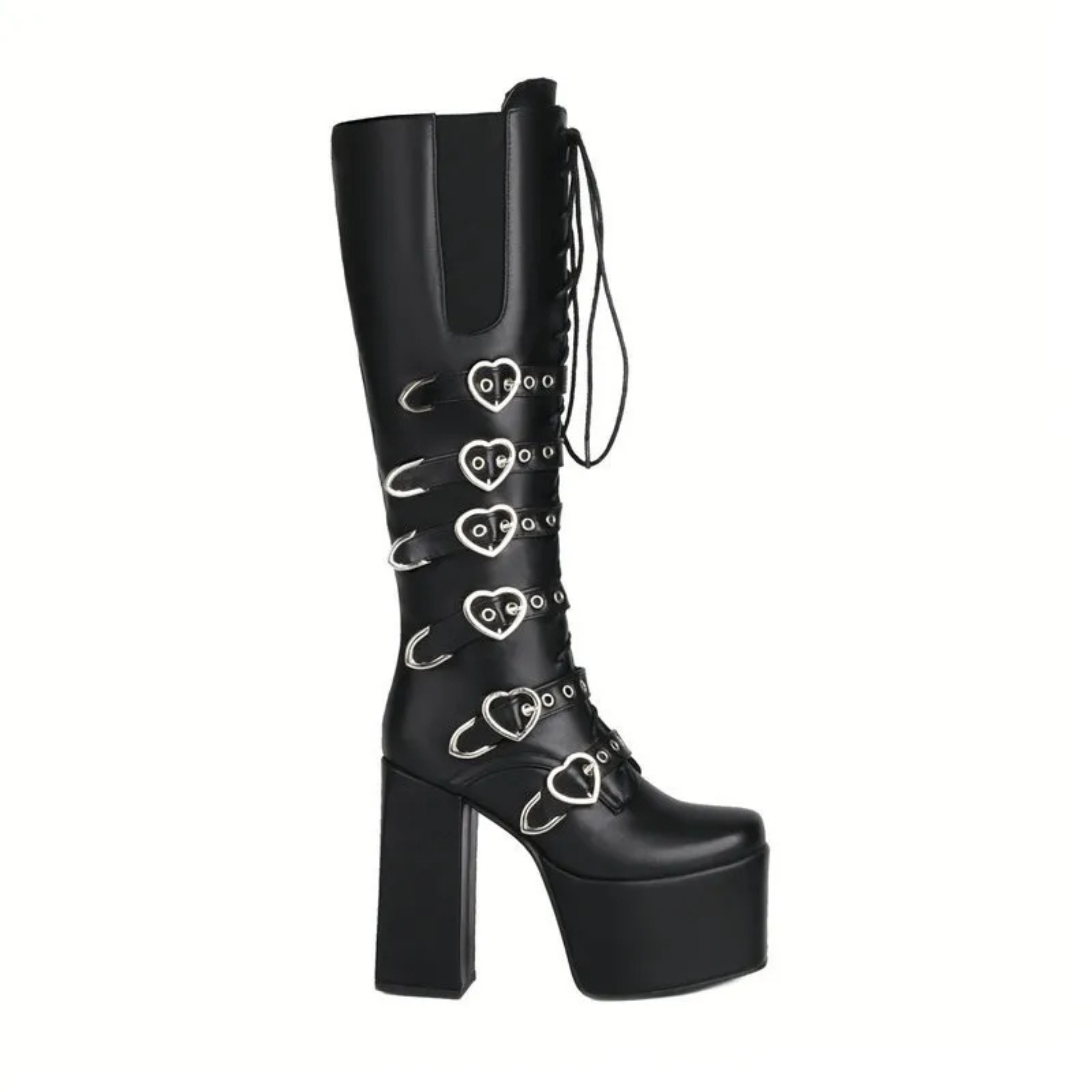 High Heels XL Platform Knee-high Boots - Metal Hearts - I - 🖤