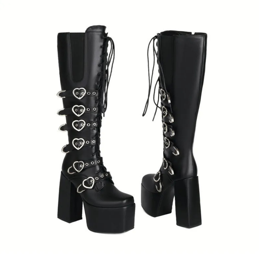 High Heels XL Platform Knee-high Boots - Metal Hearts - I - 🖤