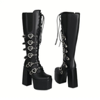 High Heels XL Platform Knee-high Boots - Metal Hearts - I - 🖤