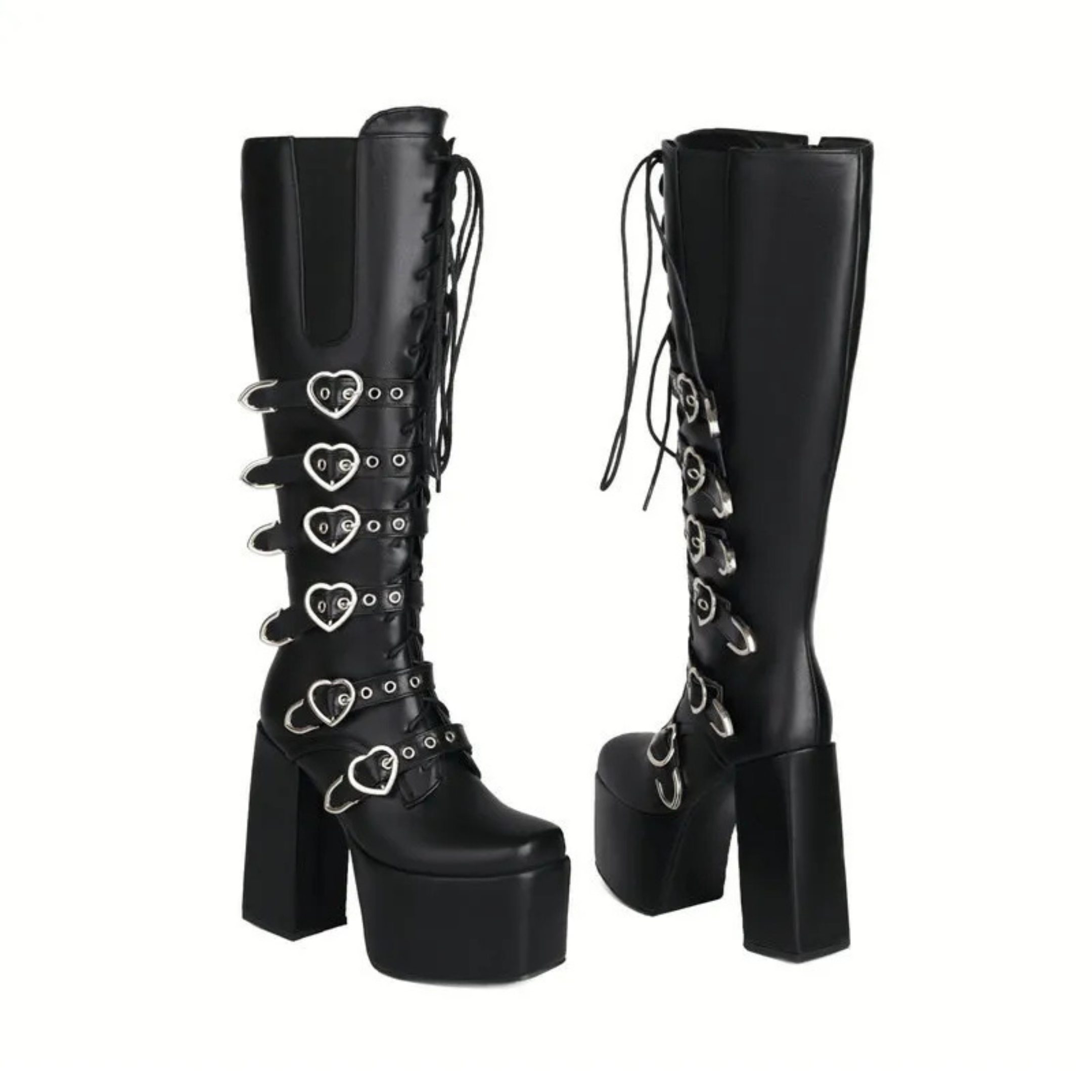 High Heels XL Platform Knee-high Boots - Metal Hearts - I - 🖤