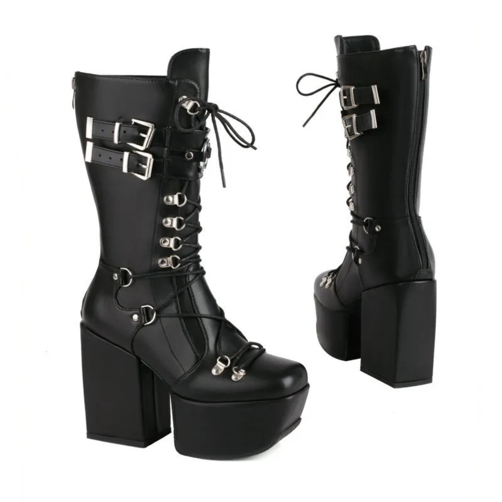 High heels XL Platform Mid-calf Boots - Lace-up & Metal hardware - III - 🖤