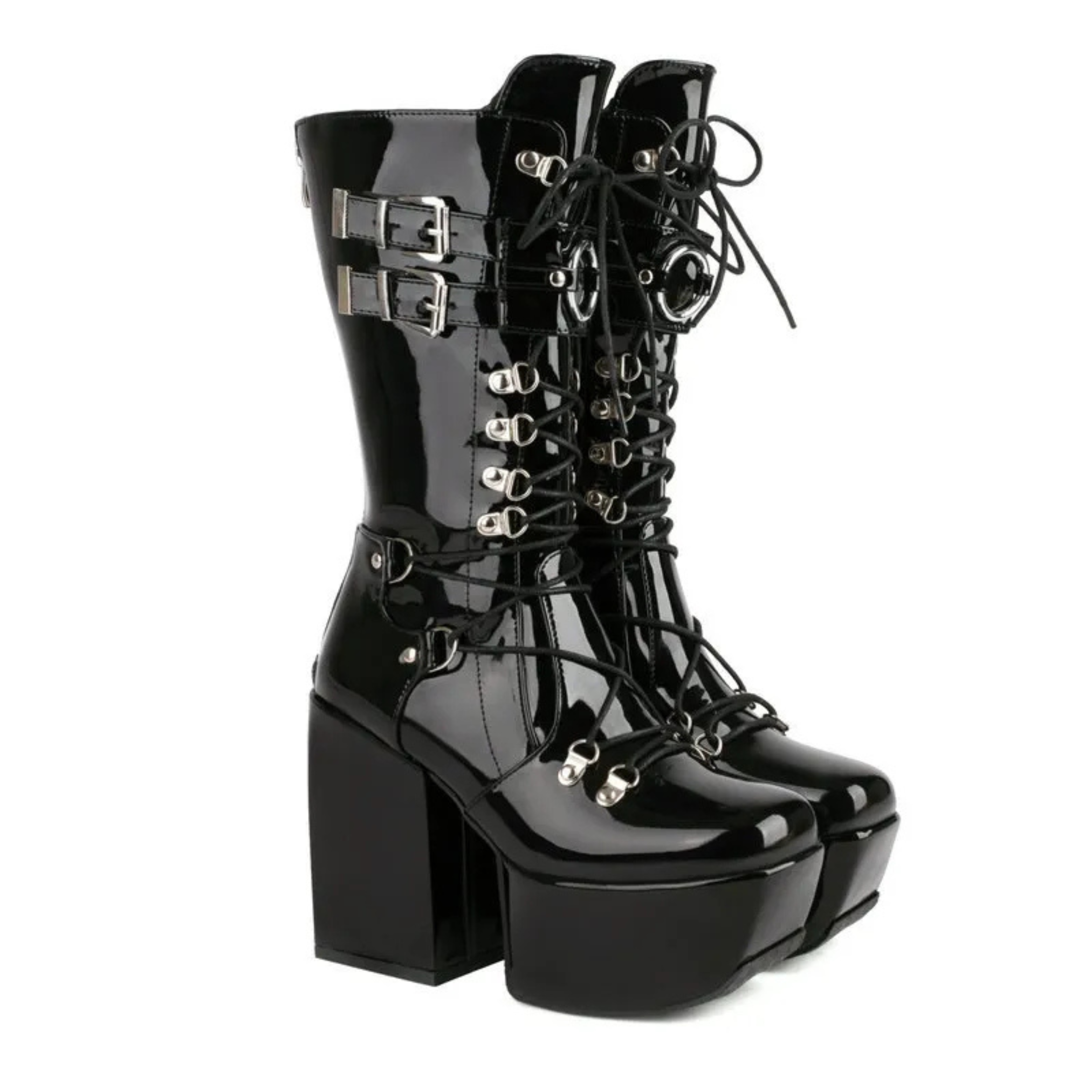 High heels XL Platform Mid-calf Boots - Lace-up & Metal hardware - III - 🖤