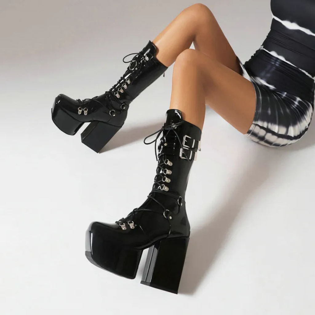 High heels XL Platform Mid-calf Boots - Lace-up & Metal hardware - III - 🖤