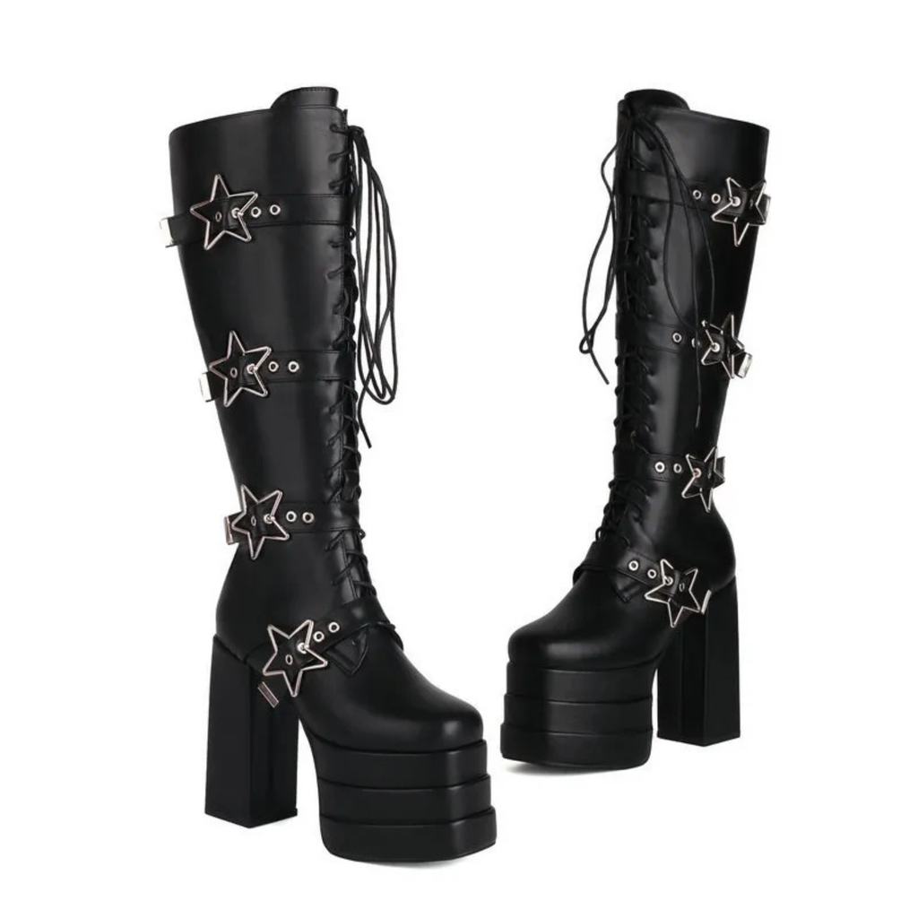 High heels XL Platform Knee-high Boots - Stars - II - 🖤