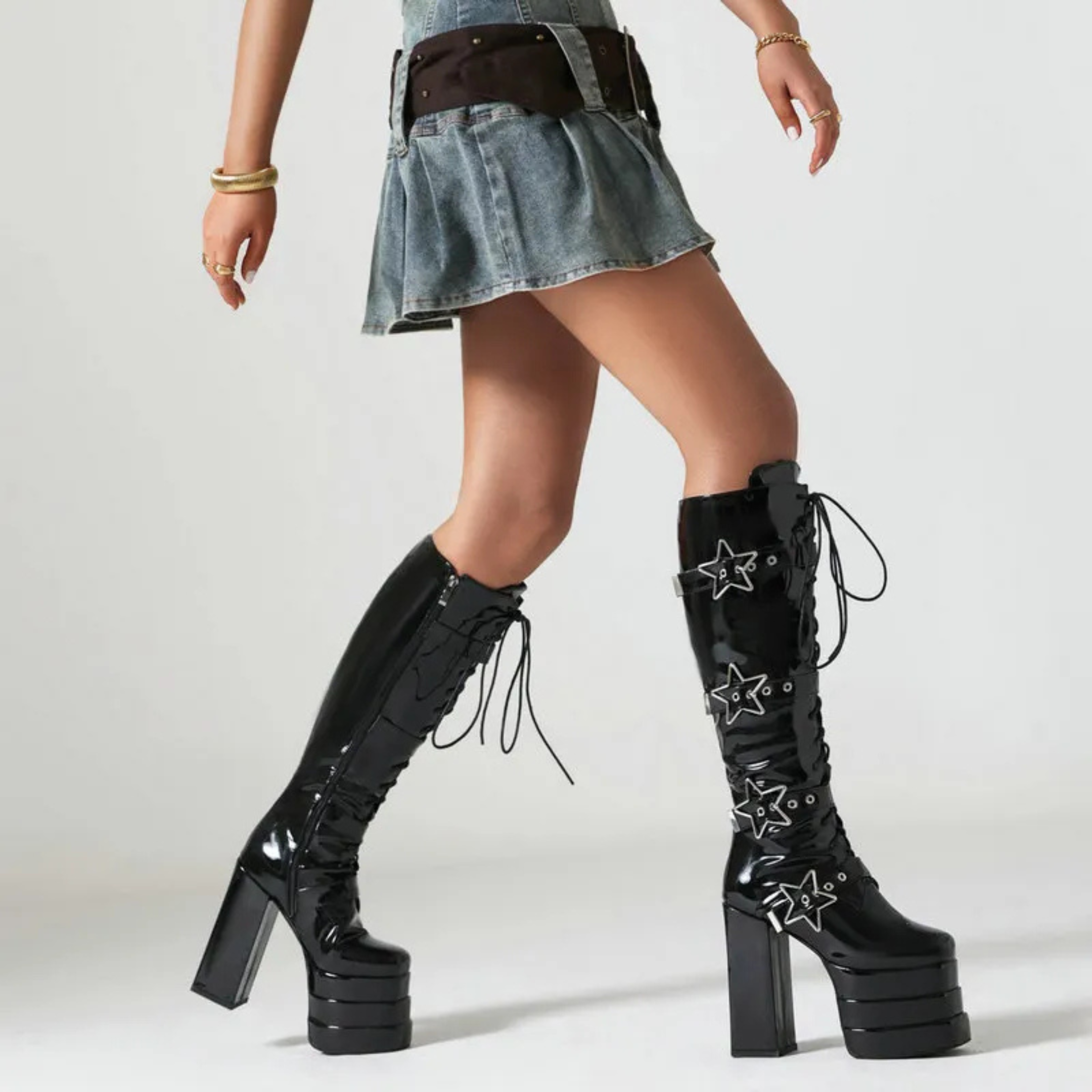 High heels XL Platform Knee-high Boots - Stars - II - 🖤