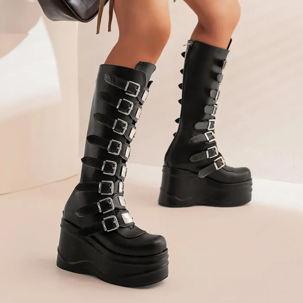 Platform Wedges Knee-high Buckles Boots - II - 🖤