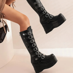 Platform Wedges Knee-high Buckles Boots - II - 🖤