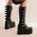Platform Wedges Knee-high Buckles Boots - II - 🖤