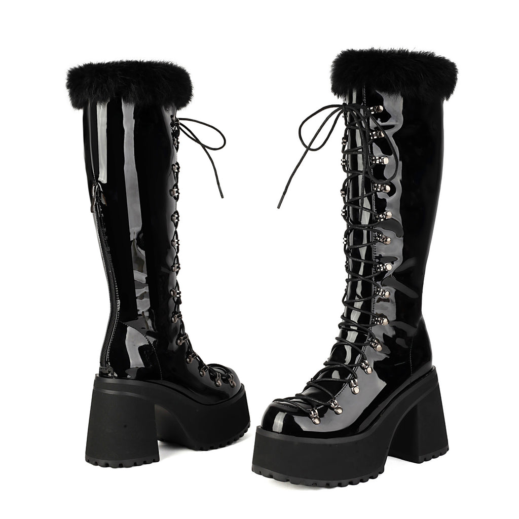 Platform Chunky heels Knee-high Boots - Lace-up & Fur - I - 🖤