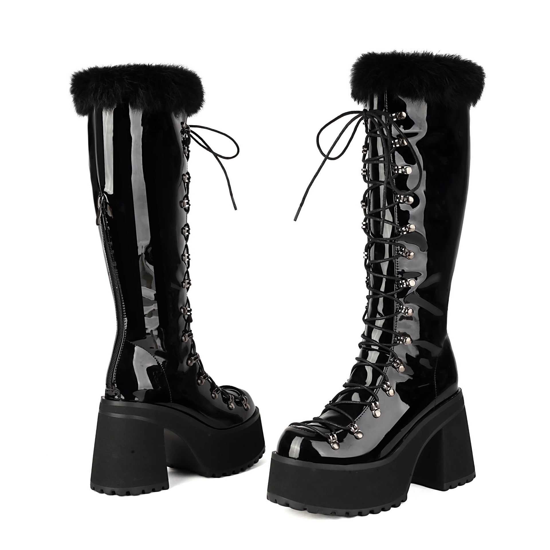 Platform Chunky heels Knee-high Boots - Lace-up & Fur - I - 🖤