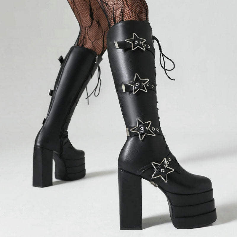 High heels XL Platform Knee-high Boots - Stars - II - 🖤