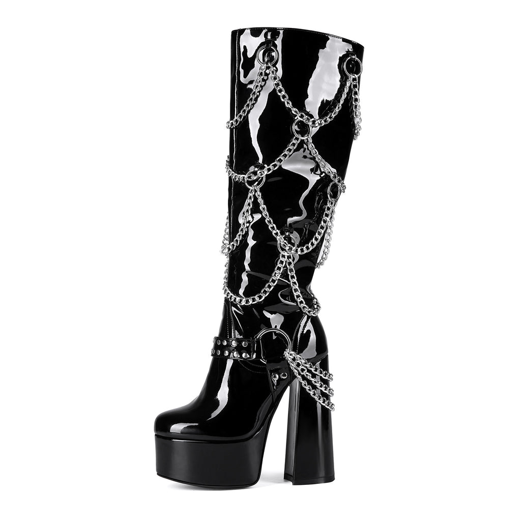 High heels Platform Knee high Boots - Chains - IX - 🖤