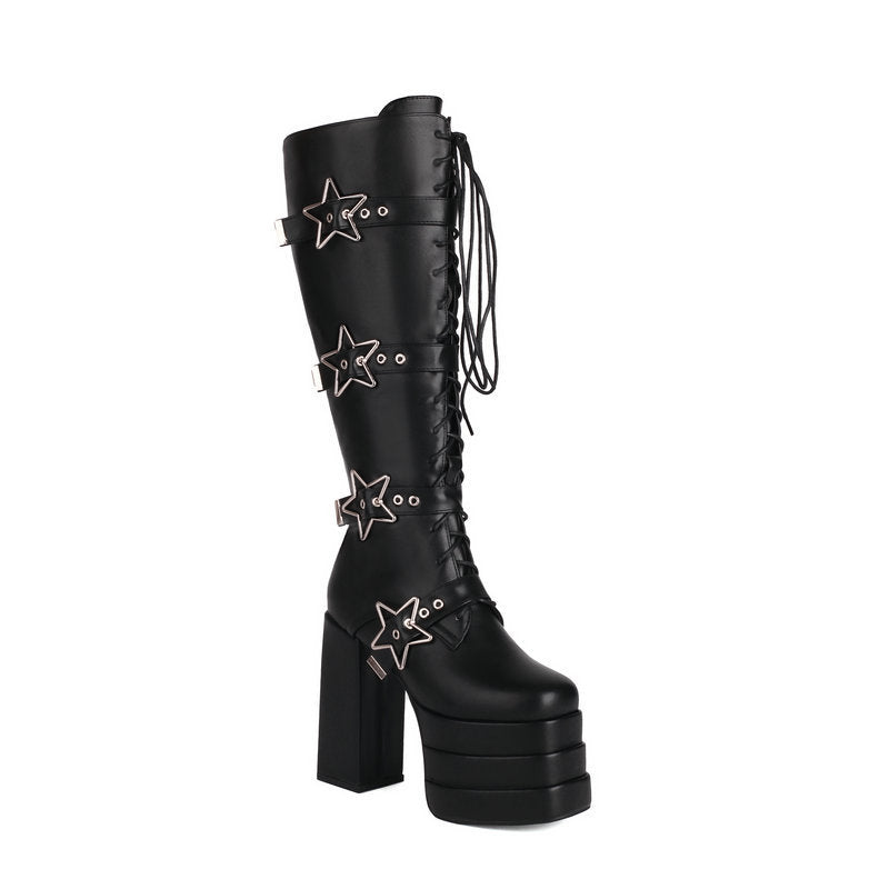 High heels XL Platform Knee-high Boots - Stars - II - 🖤