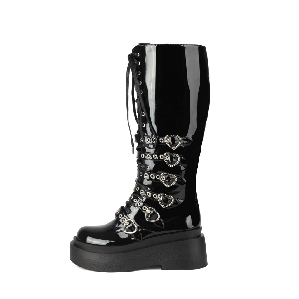 Chunky Platform Knee-high Boots - Heart Buckles - I - 🖤