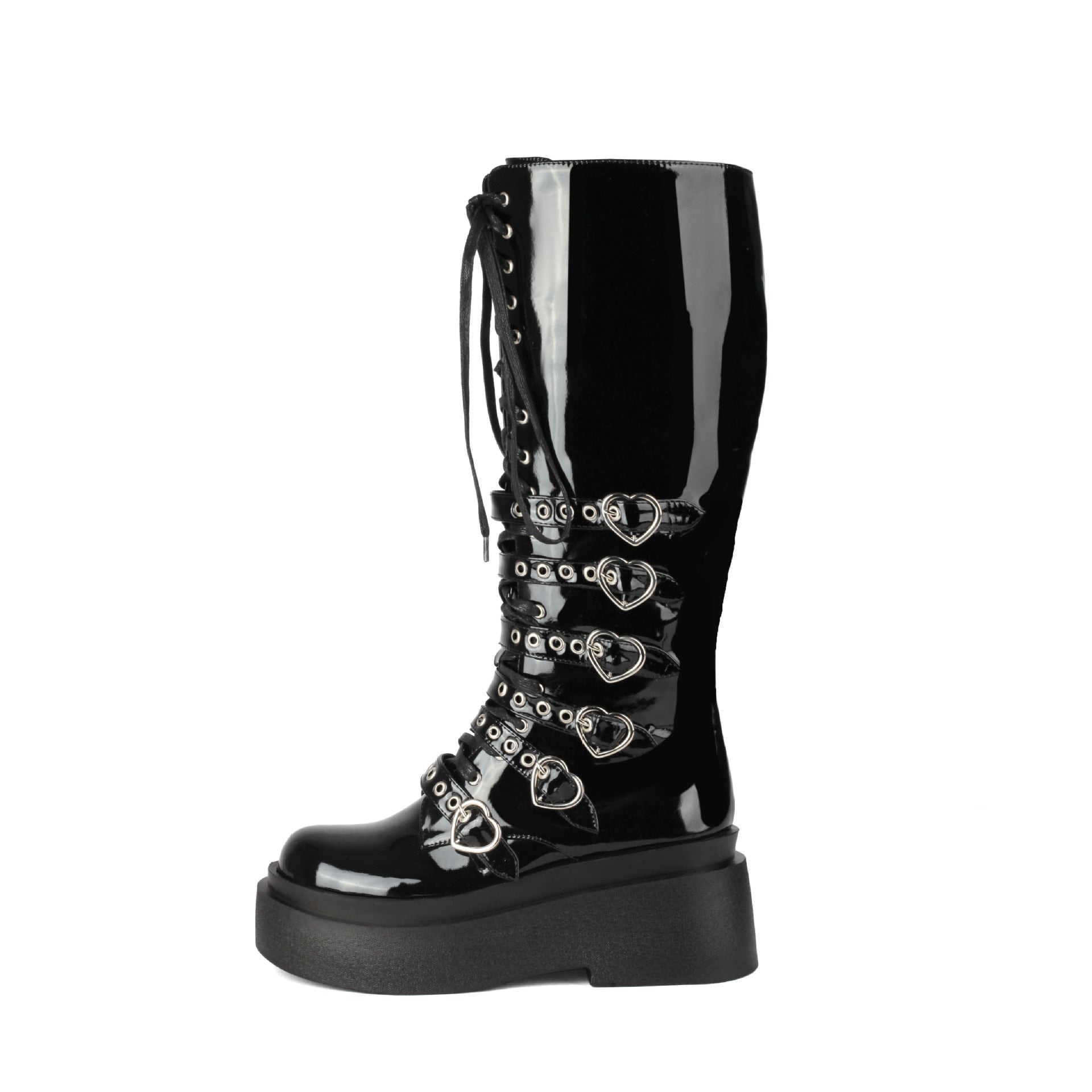 Chunky Platform Knee-high Boots - Heart Buckles - I - 🖤