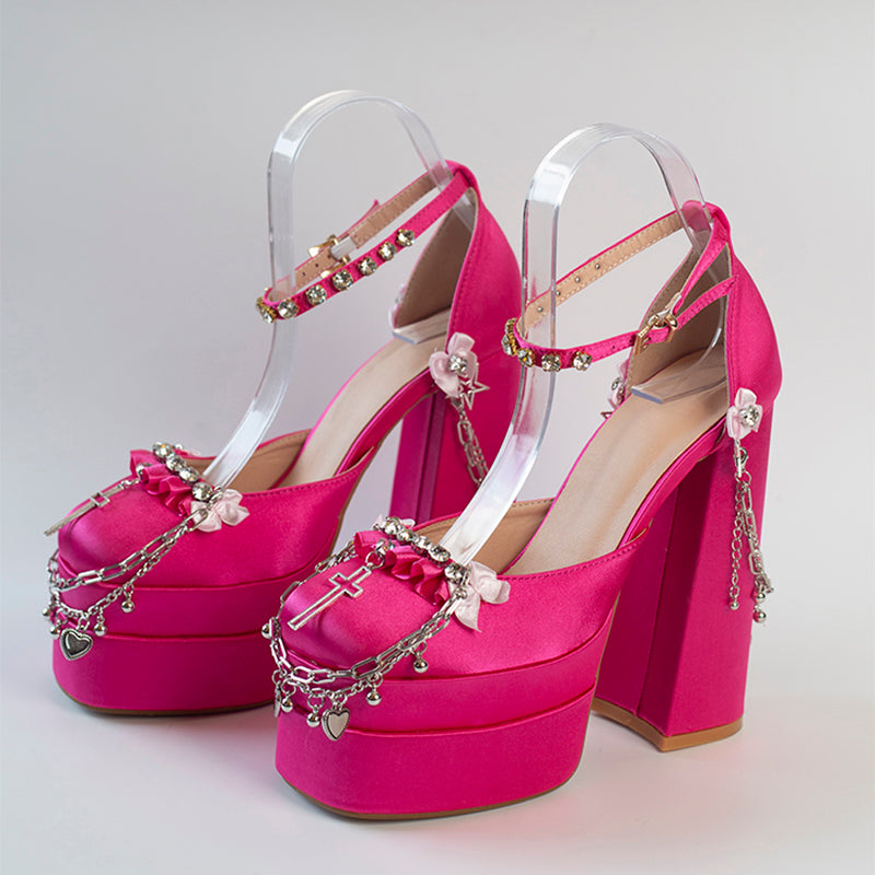 Chunky Heels Platform Sandals - Chains - I - 🩷