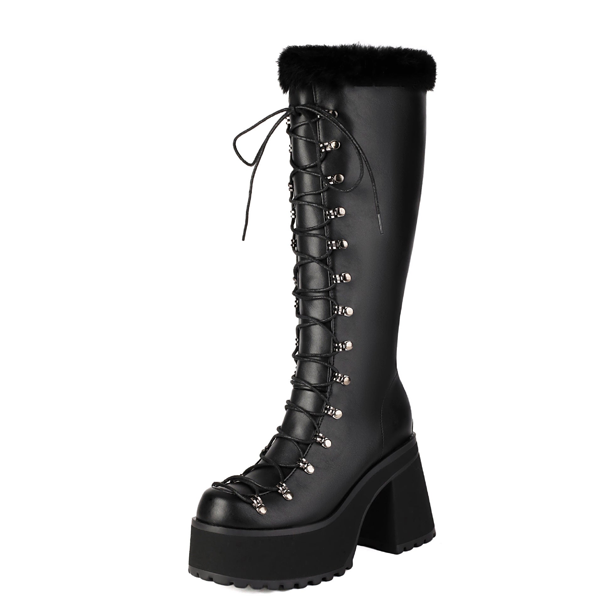 Platform Chunky heels Knee-high Boots - Lace-up & Fur - I - 🖤