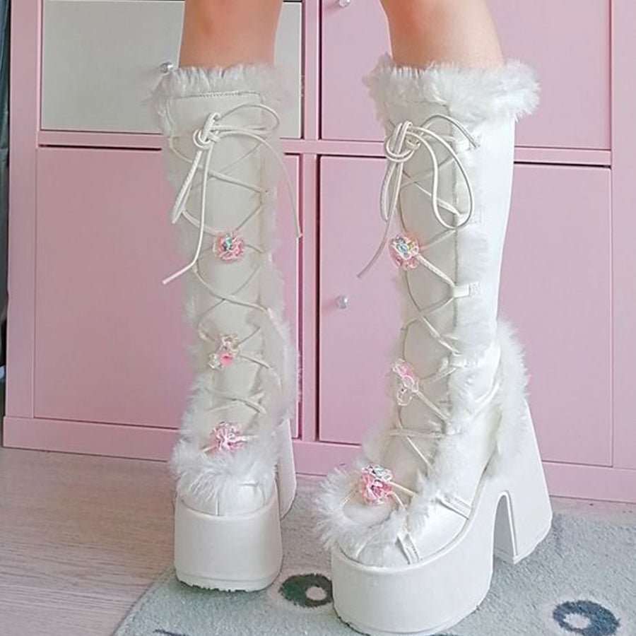 High-heels Platform Knee-high Fur Boots - III - X