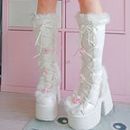 High-heels Platform Knee-high Fur Boots - III - X