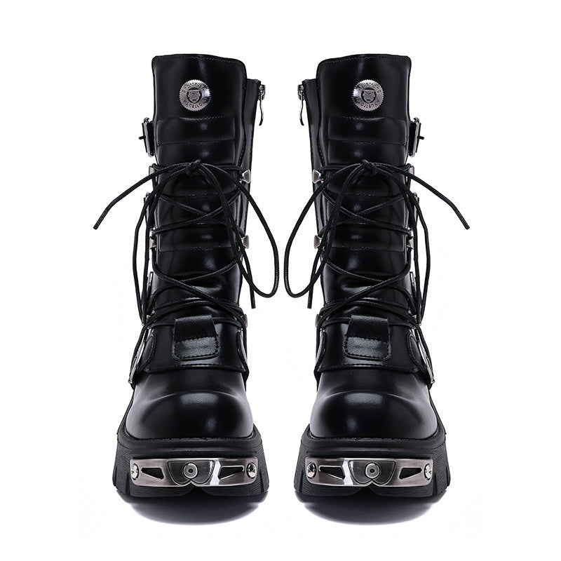 Platform Mid-calf Combat Boots - Lace-up, Buckles & Screws - I - 🖤