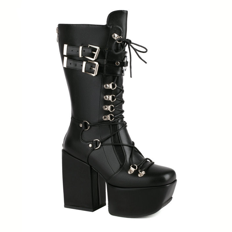 High heels XL Platform Mid-calf Boots - Lace-up & Metal hardware - III - 🖤