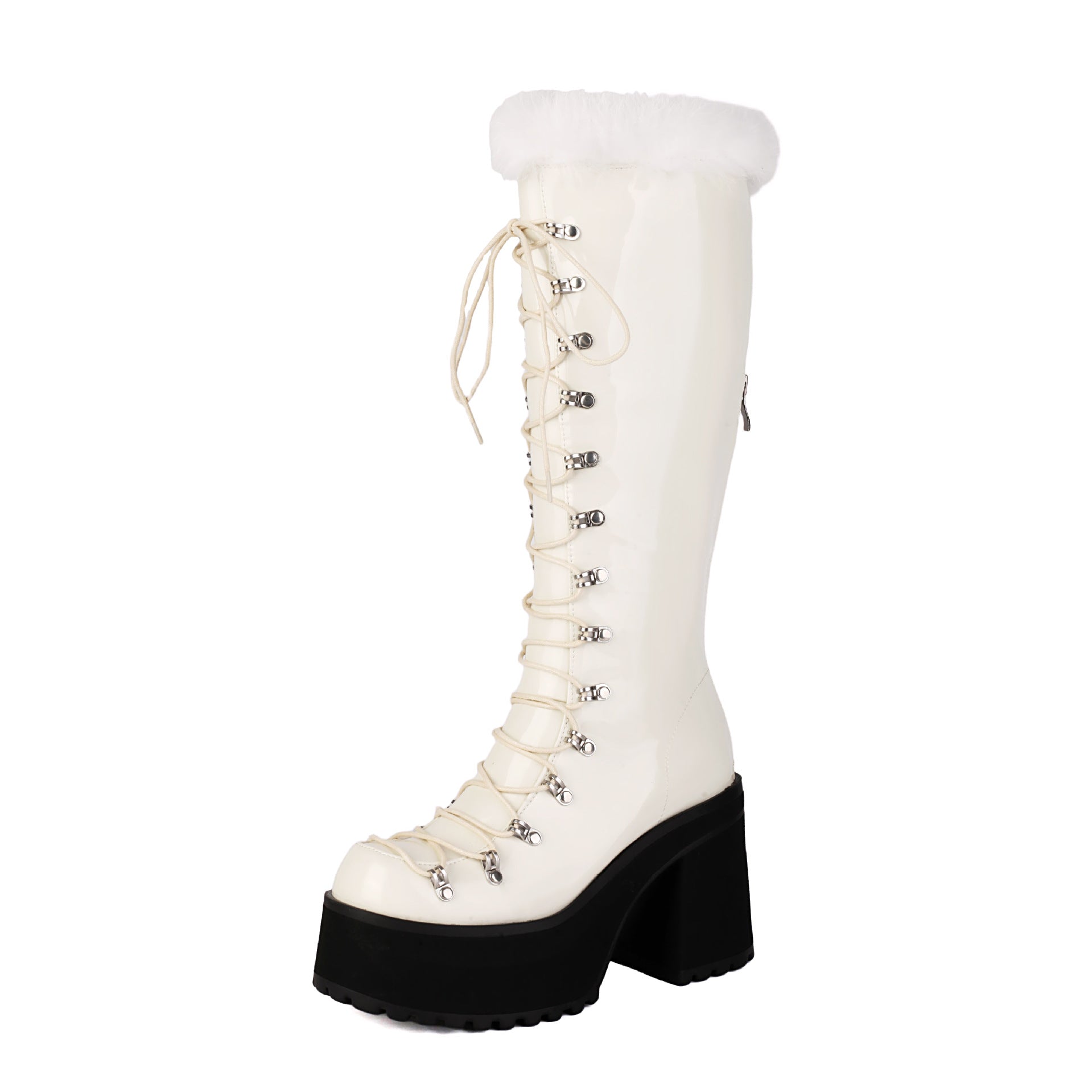 Platform Chunky heels Knee-high Boots - Lace-up & Fur - I - 🖤