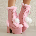 Chunky heels XL Platform Mid-calf Boots - Fur & Pompom - V - X