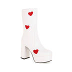 Mid-calf High-heels Platform Boots - Hearts - White - 🩷
