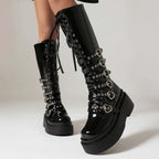 Chunky Platform Knee-high Boots - Heart Buckles - I - 🖤