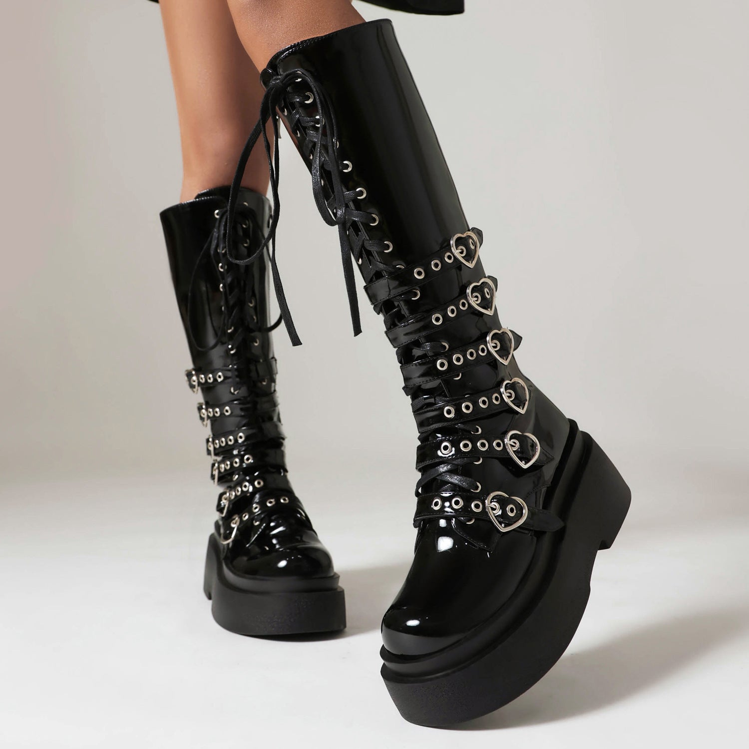 Chunky Platform Knee-high Boots - Heart Buckles - I - 🖤
