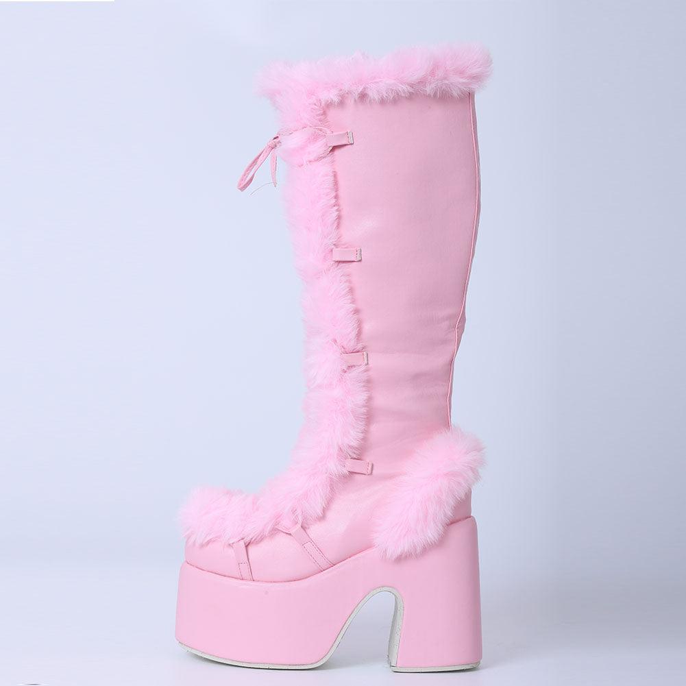 High-heels Platform Knee-high Fur Boots - III - X
