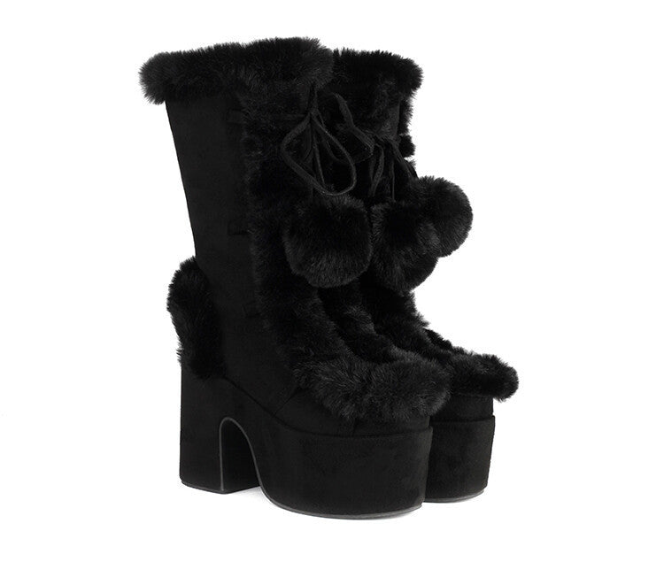 Chunky heels XL Platform Mid-calf Boots - Fur & Pompom - V - X