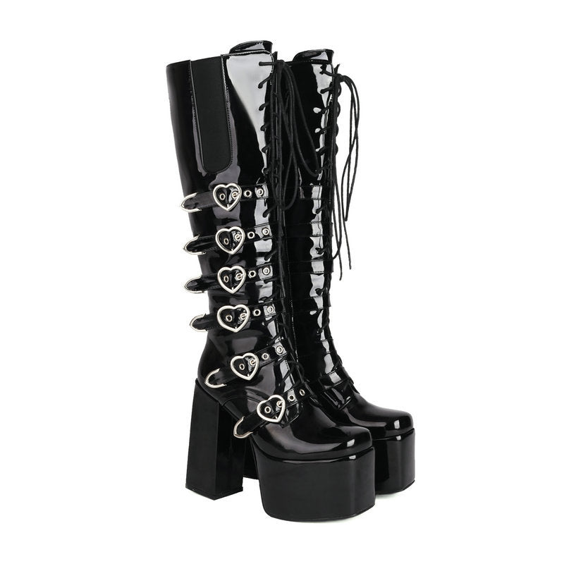 High Heels XL Platform Knee-high Boots - Metal Hearts - I - 🖤